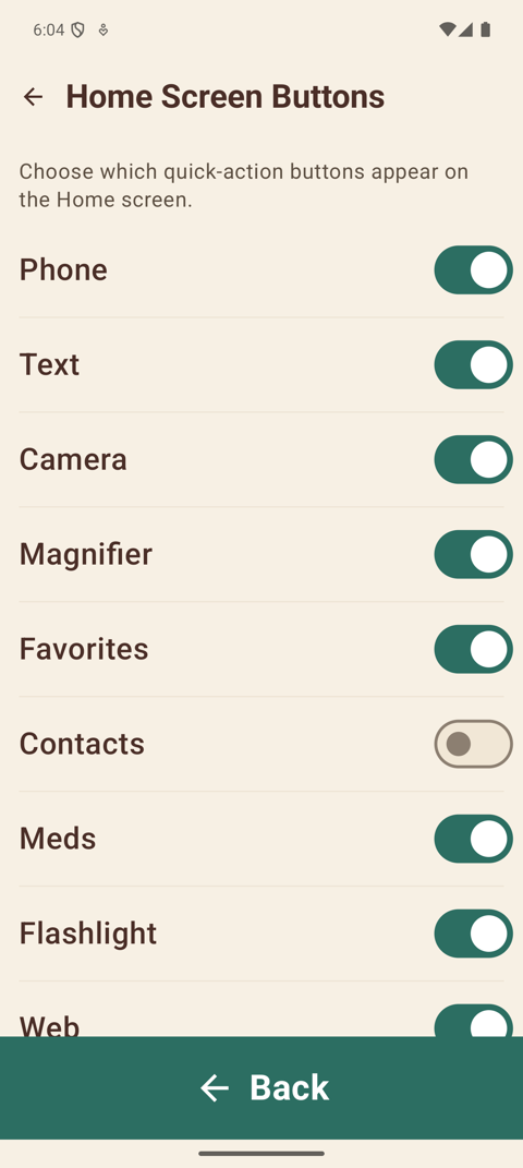 Home Screen Buttons settings: a list of buttons with large on/off switches